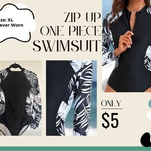 Black and White Zip-Up One Piece Swimsuit